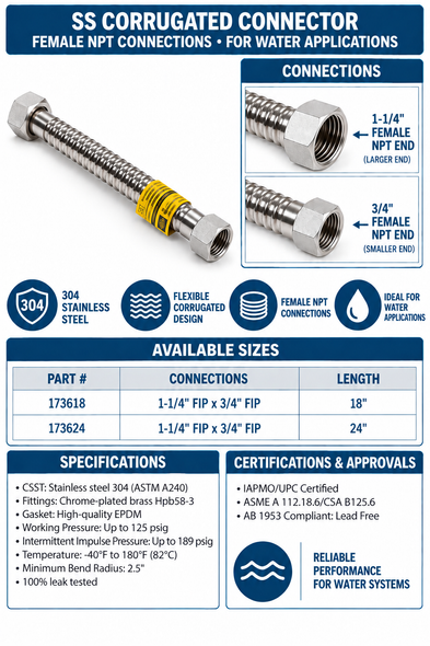 Stainless Corrugated Connector - 1-1/4" FIP x 3/4" FIP