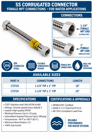 Stainless Corrugated Connector - 1-1/4" FIP x 1" FIP Spec Sheet