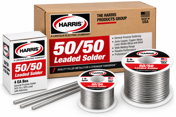 Harris 50/50 Leaded Solder with 4 EA Box, 1 lb and 5 lb Spools and Solder Rods