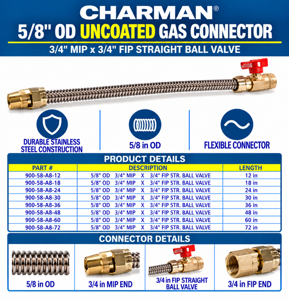Charman 5/8" OD Uncoated Connector - 3/4" MIP x 3/4" FIP Straight Ball Valve - Spec Sheet
