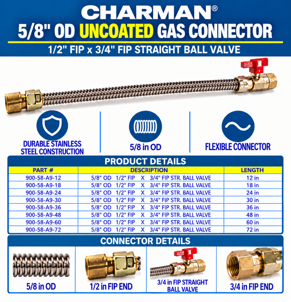Charman 5/8" OD Uncoated Connector - 1/2" FIP x 3/4" FIP Straight Ball Valve - Spec Sheet