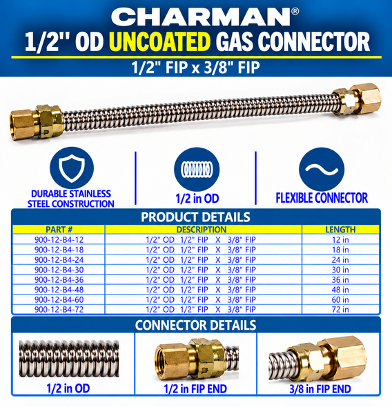 Charman 1/2" OD Uncoated Connector - 1/2" FIP x 3/8" FIP - Spec Sheet