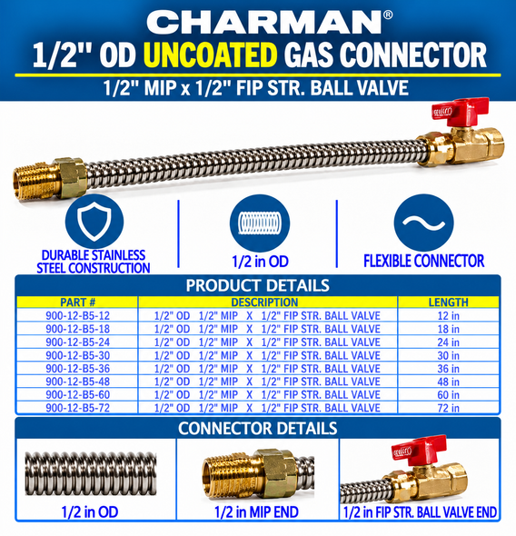 Charman 1/2" OD Uncoated Connector - 1/2" MIP x 1/2" FIP Straight Ball Valve - Spec Sheet