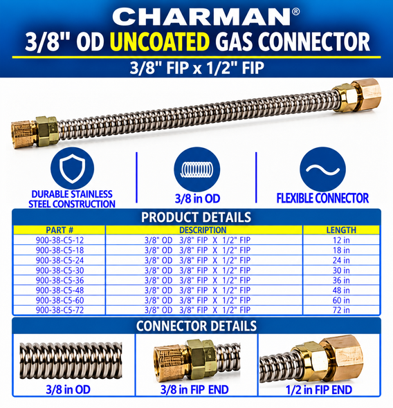 Charman 3/8" OD Uncoated Connector - 3/8" FIP x 1/2" FIP - Spec Sheet