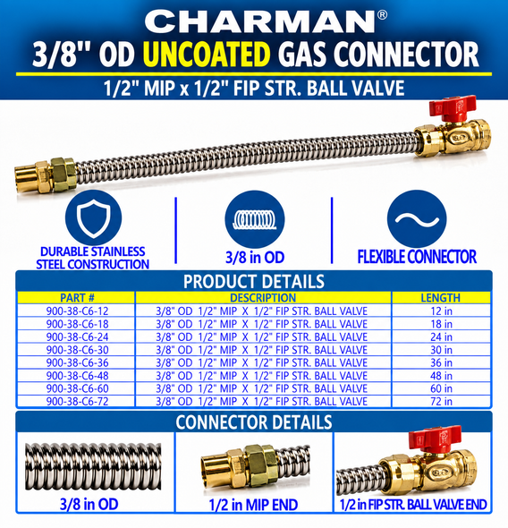 Charman 3/8" OD Uncoated Connector - 1/2" MIP x 1/2" FIP Straight Ball Valve - Spec Sheet