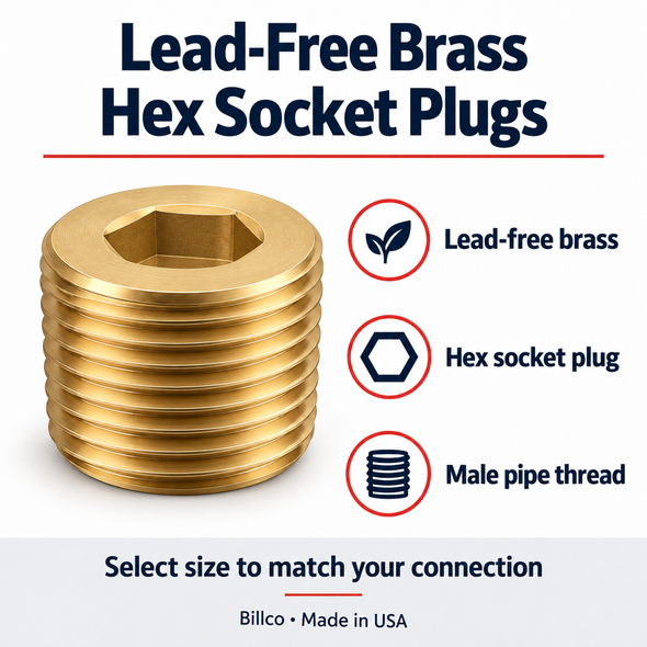 Billco lead-free brass hex socket plug features and male pipe thread