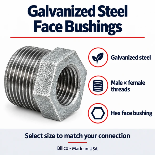Billco galvanized steel face bushing features and thread connections