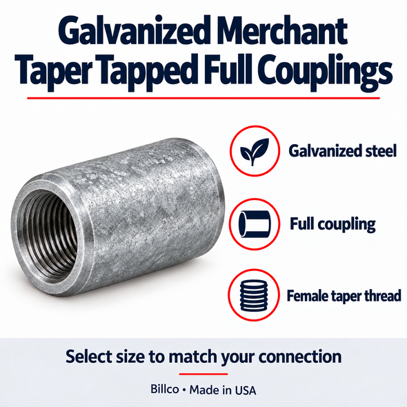 Billco galvanized merchant taper tapped full coupling features