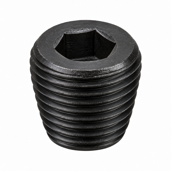 Representative Billco black alloy steel 7/8 taper hex socket plug, male threaded with recessed hex drive
