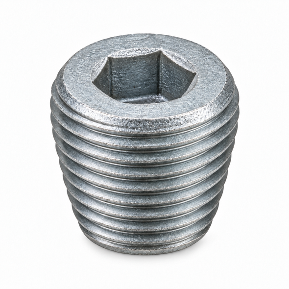 Representative product image: Billco galvanized alloy steel 7/8 taper hex socket plug, Rockwell 36/43, silver finish on white background.