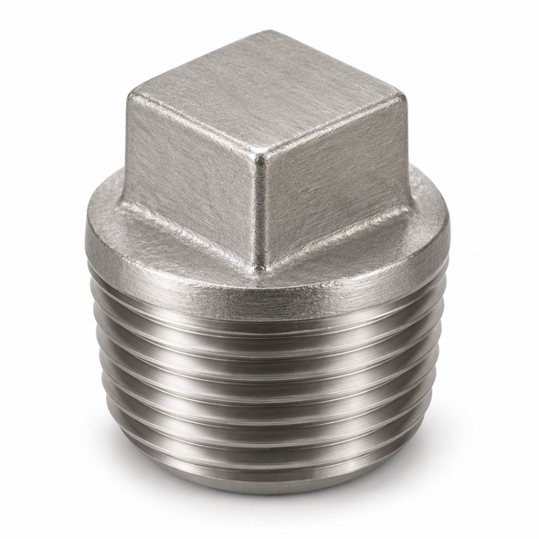 Representative product image: Billco 316 stainless steel square head solid pipe plug, Class 1000, silver finish with square wrench head and male pipe thread on white background.