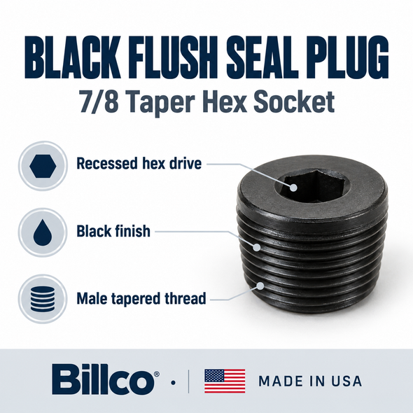 Representative features graphic: Billco black flush seal 7/8 taper hex socket plug, recessed hex drive, black finish, male tapered thread, made in USA.