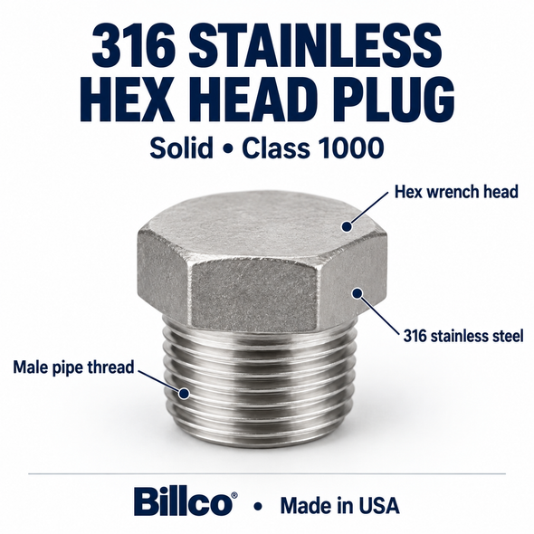 Representative features graphic: Billco 316 stainless steel hex head solid plug, Class 1000, hex wrench head, male pipe thread, made in USA.