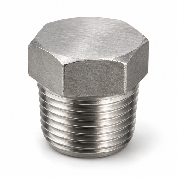 Representative product image: Billco 316 stainless steel hex head solid pipe plug, Class 1000, silver finish, external hex wrench head and male pipe thread on white background.