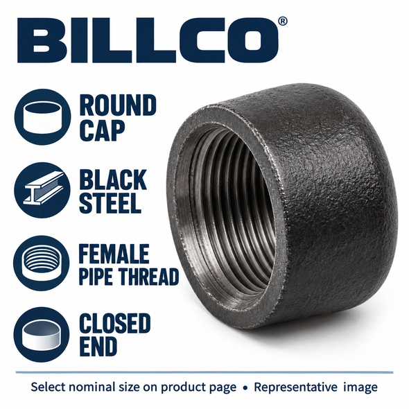 Black steel round pipe cap features: closed end and female pipe thread