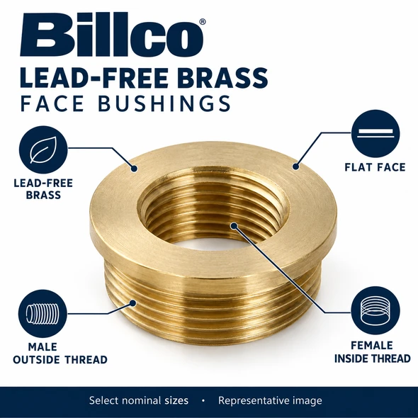Lead-free brass face bushing features: flat face, male and female pipe threads
