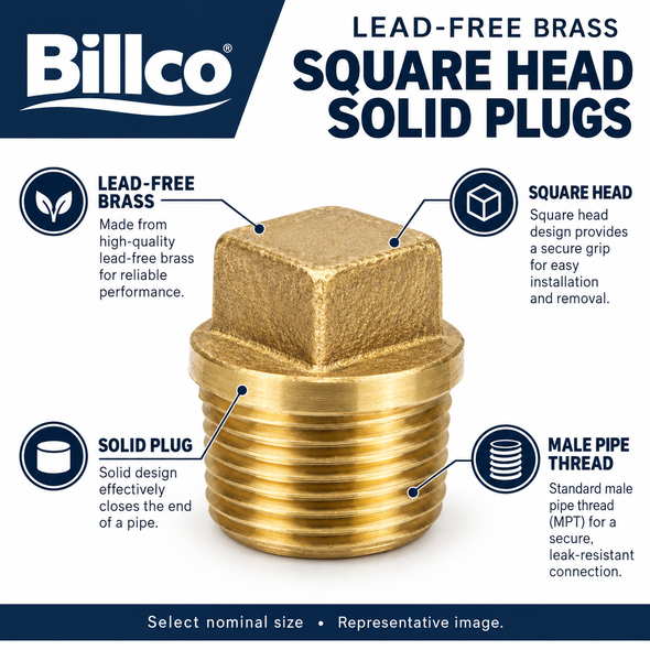 Lead-free brass square head solid plug features and male pipe thread