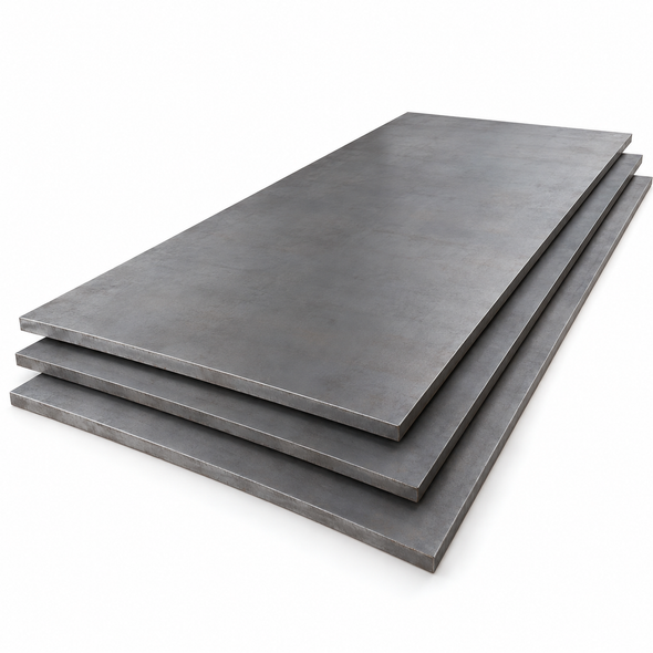Stack of plain rectangular carbon steel plates with solid edges on a white background.