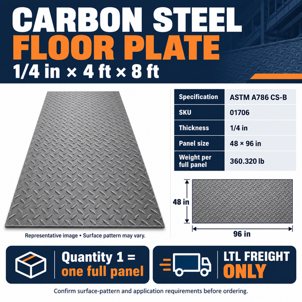 ASTM A786 CS-B floor plate specifications for SKU 01706: 1/4-inch thickness, 4-by-8-foot panel, 360.320-pound weight and LTL-only shipping.