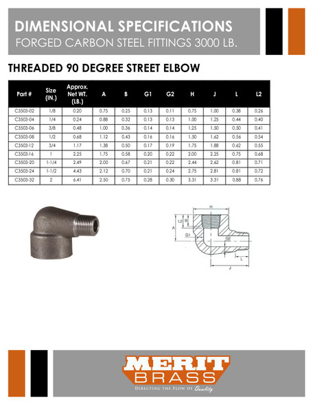 3000# Forged Steel Threaded 90° Street Elbows Dimensions from Merit Brass
