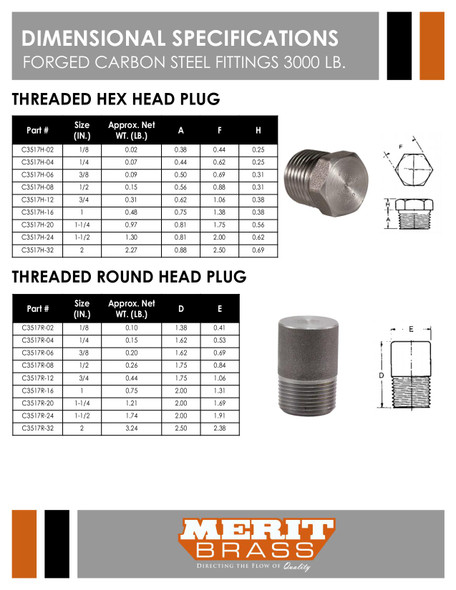 3000# Forged Steel Hex Head Threaded Plug Dimensions