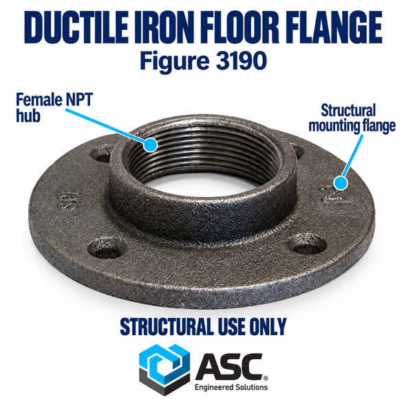 Black ductile iron floor flange, Figure 3190 showing female npt hub and structural mounting flange