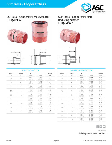 SCI Press Copper MPT Male Adapter Dimensions