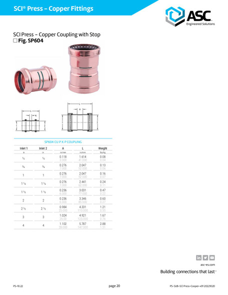 SCI Press Copper Coupling with Stop Dimensions