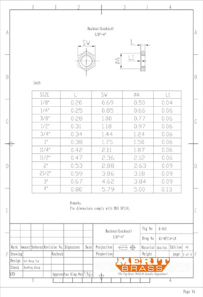 Stainless Steel Locknut MSS SP114 Dimensions