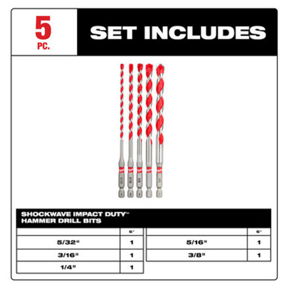 Milwaukee 48-20-9051 5pc. SHOCKWAVE Carbide Hammer Drill Bit Kit