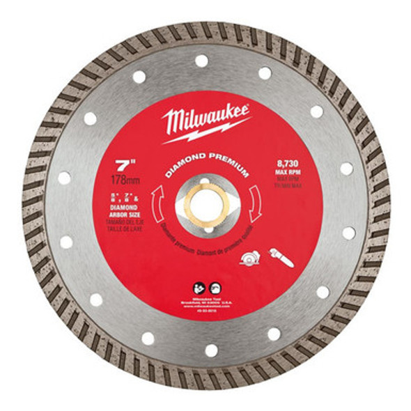 Milwaukee 49-93-8018 7" Premium Continuous Turbo Diamond Saw Blade, 5/8"-7/8" Arb. Concrete, Brick, Block, Asphalt