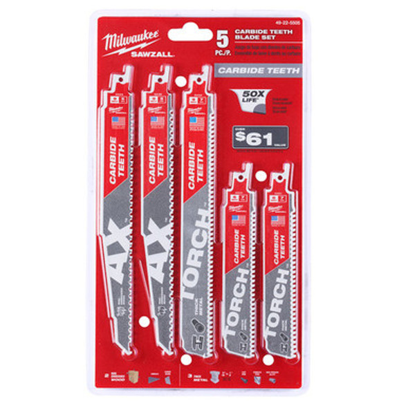 Milwaukee 49-22-5505 5pc Carbide Teeth SAWZALL Blade Set