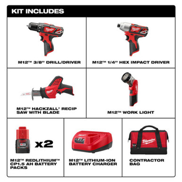 Milwaukee 2498-24 M12 4 - Tool Combo Kit with Drill, Impact, Hackzall & Flashlight
