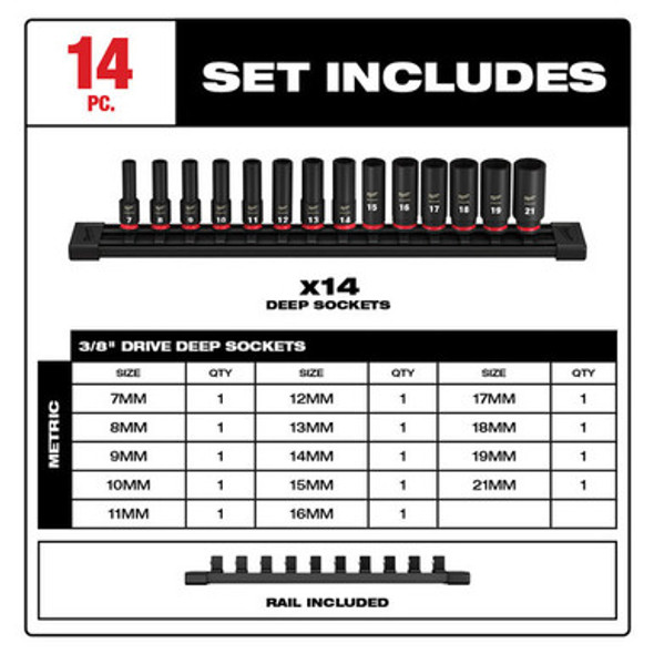 Milwaukee 49-66-7008 14PC SHOCKWAVE Impact Duty 3/8" Drive Metric Deep 6 Point Socket Set