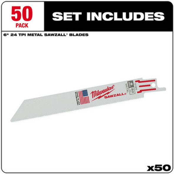 Milwaukee 48-01-6186 6" x 24TPI Bi-Metal Super Sawzall Blade 50-Pack
