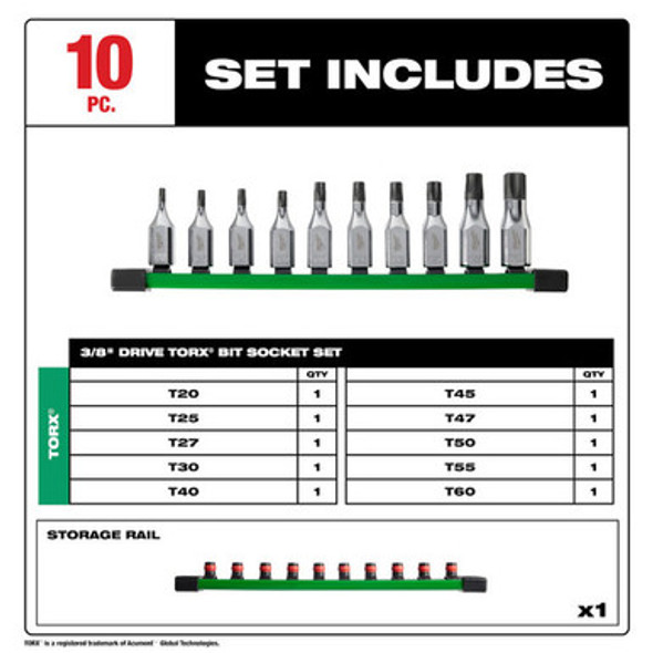 Milwaukee 48-22-9531 10pc 3/8" Drive TORX Bit Socket Set