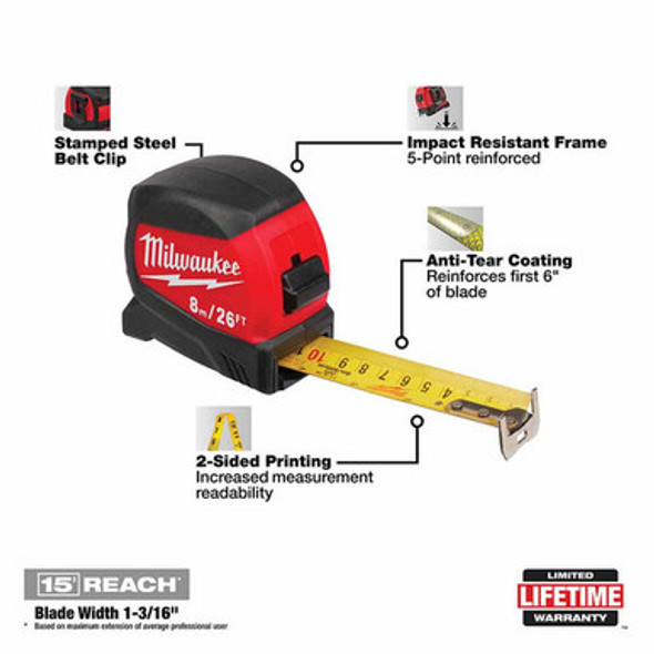 Milwaukee 48-22-0426 8m/26' Compact Wide Blade Tape Measure