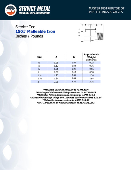 150# Black Malleable Service Tee Spec Sheet