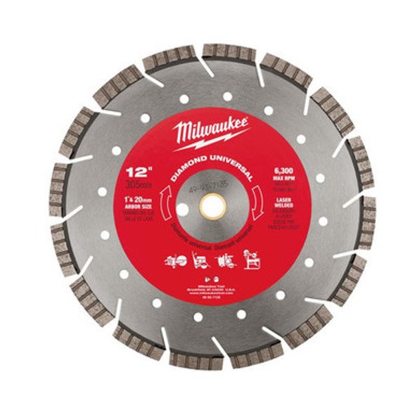 Milwaukee 49-93-7135 12" Segmented Turbo Diamond Saw Blade (1",20mm Arbor) Concrete, Brick, Block, Asphalt, Ductile
