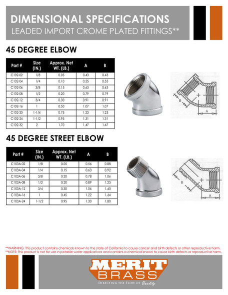 Leaded Import Chrome Plated 45° Street Elbow Dimensions