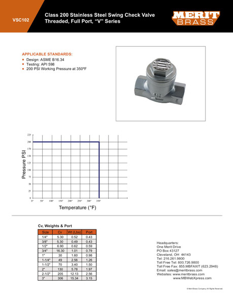 Merit Brass VSC102 Stainless Swing Check Valve Data Sheet