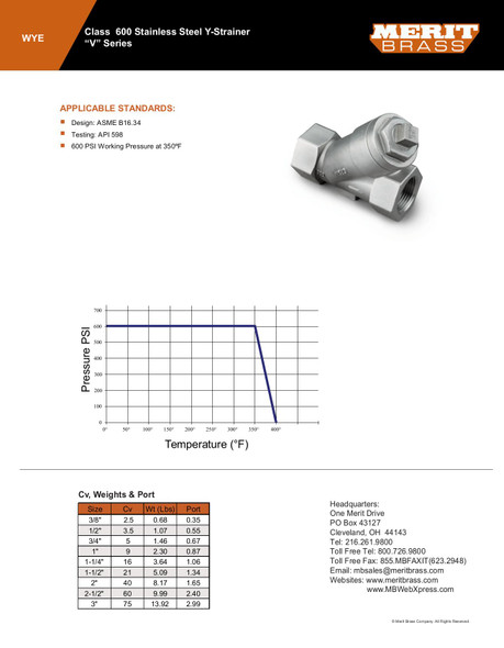 Merit Class 600 Stainless Steel Y-Strainer "V" Series Cut Sheet