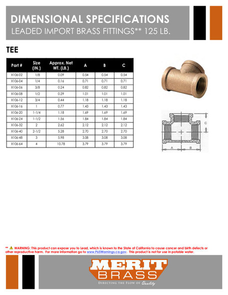 125# Leaded Brass Tee Dimensions