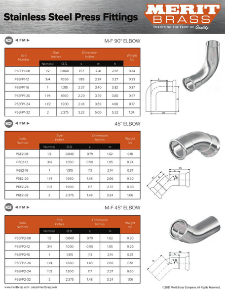 Merit Stainless Press 45° Street Elbow Dimensions