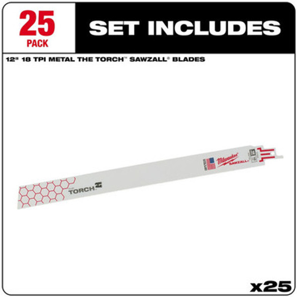 Milwaukee 48-00-8789 Super Sawzall Blade 18 Teeth per Inch 12-Inch Length, Torch, 25 Pack
