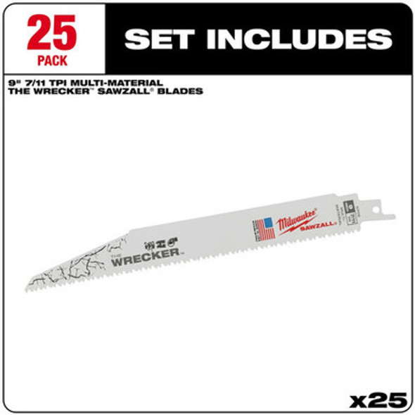 Milwaukee 48-00-8706 Super Sawzall Blade 8 Teeth per Inch 9-Inch Length, Wrecker , 25 Pack
