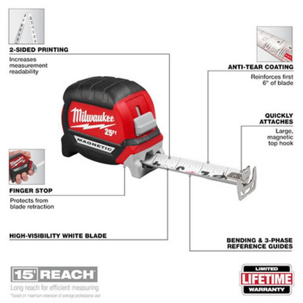 Milwaukee 48-22-0327 25ft Electrician's Compact Wide Blade Magnetic Tape Measure