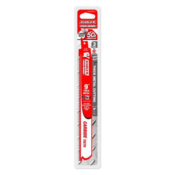 9 in. Steel Demon Carbide Recip Blades for Thick Metal (3/16 in. - 9/16 in.) Cutting (3-Pack) in retail packaging