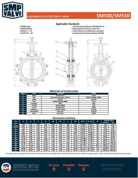 SM550SEG Wafer Style Butterfly Valve Data Sheet Pg. 1