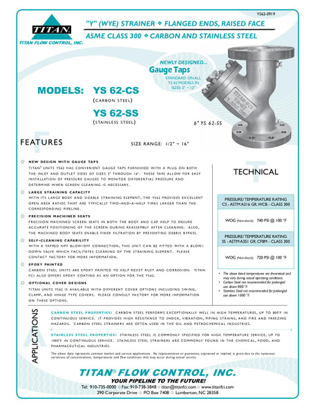 YS62-CS 300# Flanged Carbon Steel Wye Strainer Pg. 1 Data